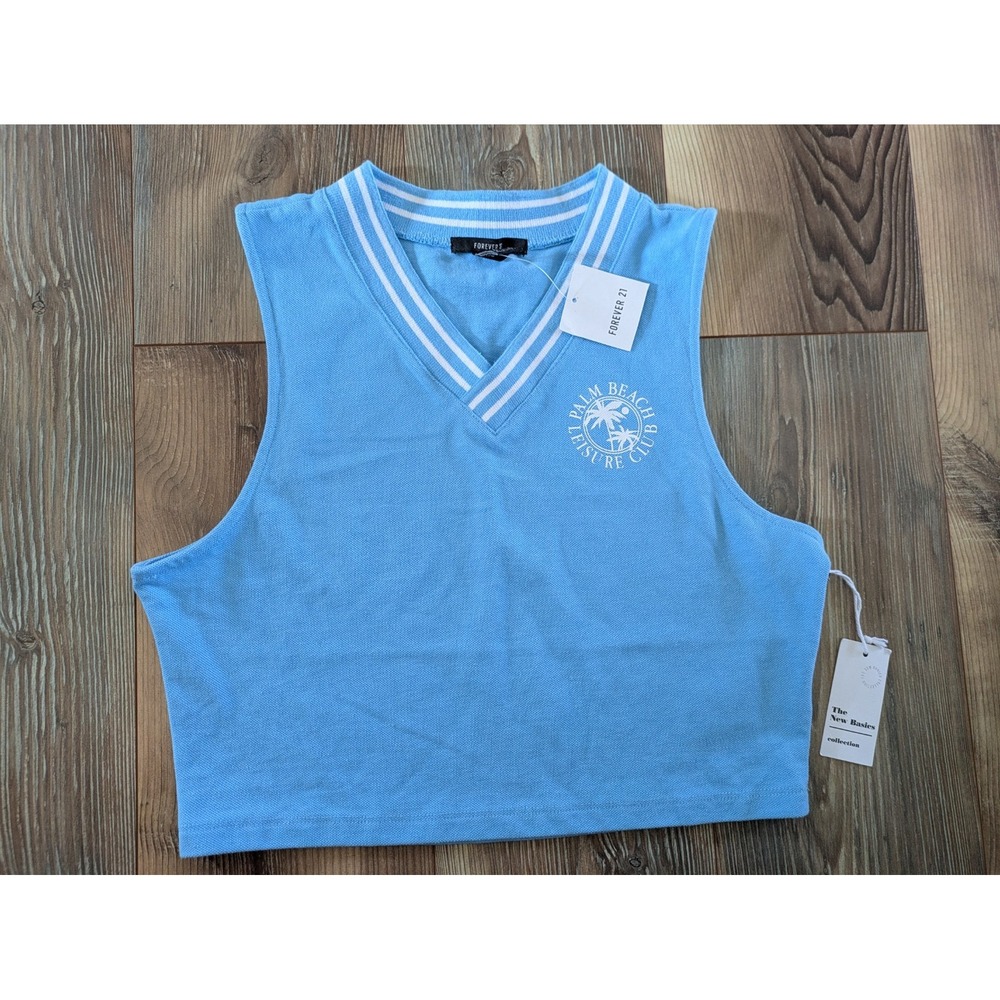 Forever 21 Blue & White Sleeveless Palm Beach Leisure Club V Neck Crop Top NWT